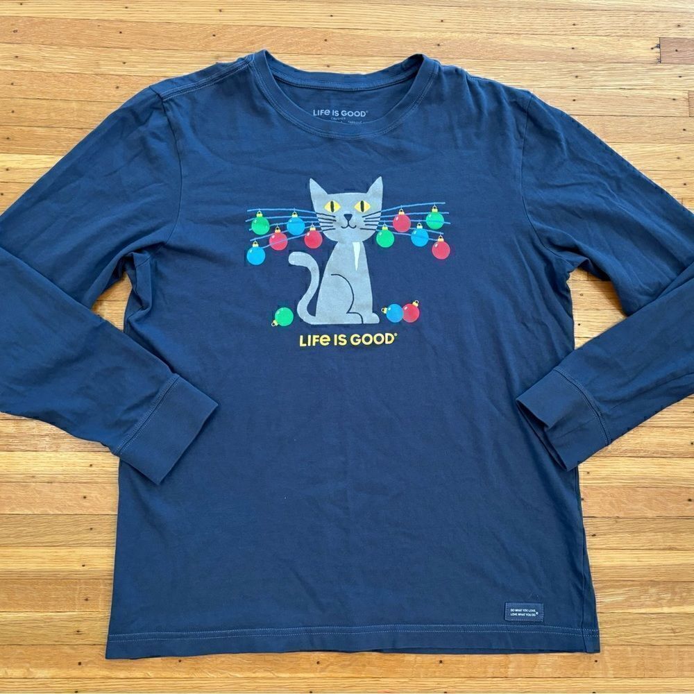 Life is Good Christmas Cat Ornaments Blue Long Sleeve Tee Shirt
